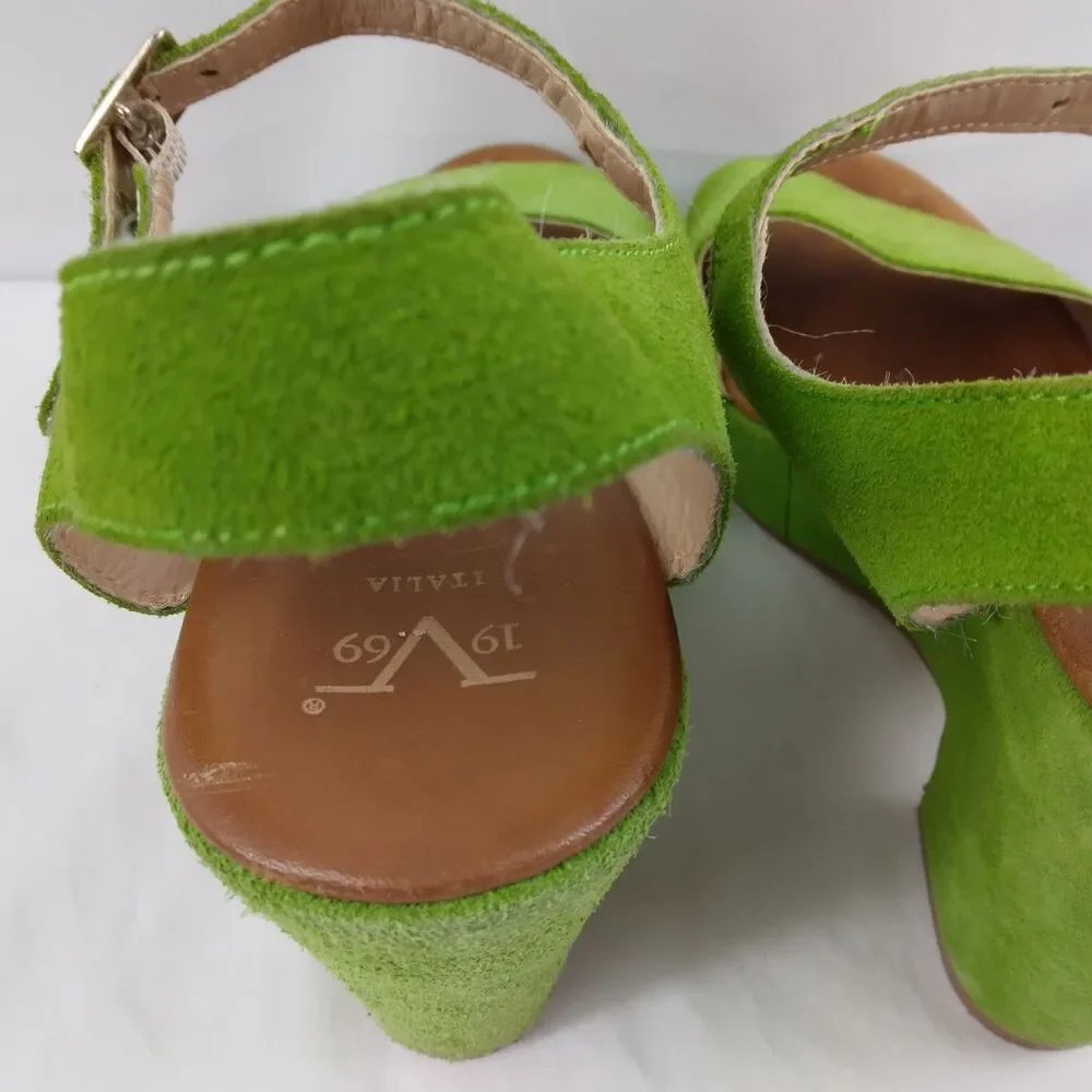 V1969 19v69 Italia Green Suede Open Toe Ankle Strap Chunky Platform Heels 39 - Picture 13 of 15